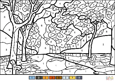 Раскраска Осенние деревья - раскраска по номерам | Раскраски для детей  печать онлайн