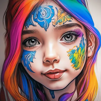 Рисунки на лице девушки цветным …» — создано в Шедевруме
