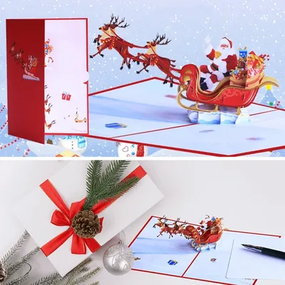Купить Веселые рождественские открытки Санта-Клауса, зимний подарок,  всплывающие открытки, рождественские украшения, наклейки, лазерная резка,  новогодняя поздравительная открытка | Joom