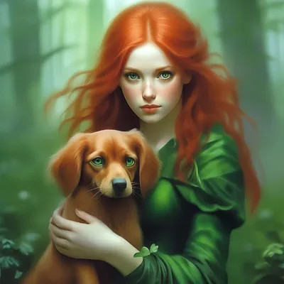 Красивая рыжая девушка с зелеными …» — создано в Шедевруме