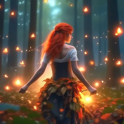 Рыжая ведьма в лесу со светлячками…» — создано в Шедевруме