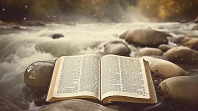 открытая библия сидит на скалах перед рекой, картинки из библейского стиха,  библия, стих фон картинки и Фото для бесплатной загрузки