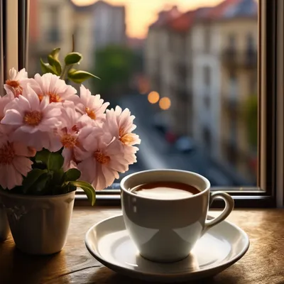 Чашка кофе с цветами роз и десерт на деревянный стол :: Стоковая фотография  :: Pixel-Shot Studio