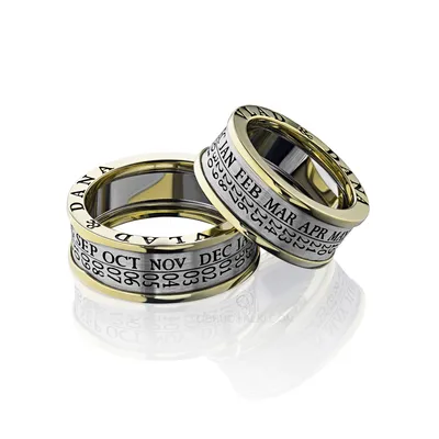Парные обручальные кольца с датой CALENDAR на заказ из белого и желтого  золота, серебра, платины или своего металла