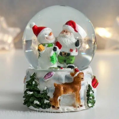 Снежный шар Снеговик и Дед Мороз с олененком