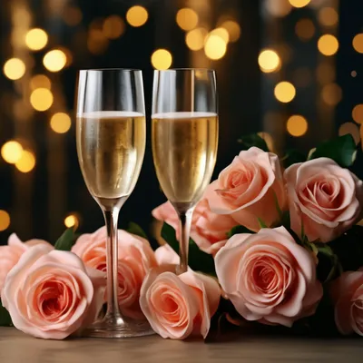 Открытка с Днем рождения Ирине - шампанское с подарком и цветами