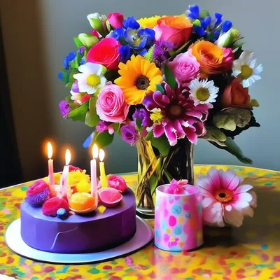 С Днем Рождения! Торт, цветы, …» — создано в Шедевруме
