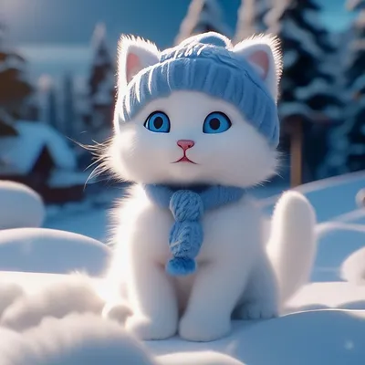 Белый пушистый котёнок с голубыми …» — создано в Шедевруме