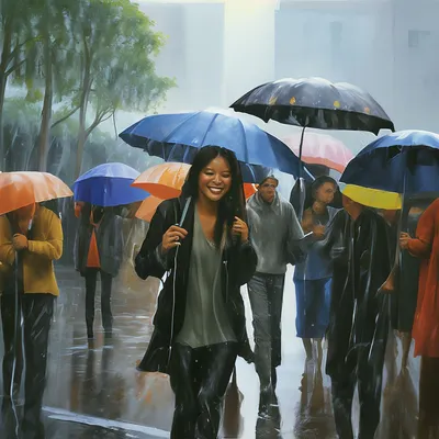 Много людей идут в дождь по …» — создано в Шедевруме