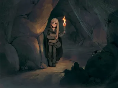 Обои на рабочий стол Девочка с факелом в руках в пещере, автор Lumilonium,  обои для рабочего стола, скачать обои, обои бесплатно