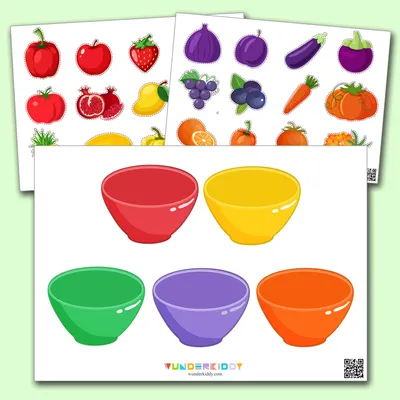 Развивающая игра «Тарелки с овощами и фруктами» – распечатать PDF