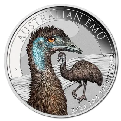 Серебряная монета Австралии «Страус Эму» 2023 г.в.(с цветным изображением),  31.1 г чистого серебра (проба )