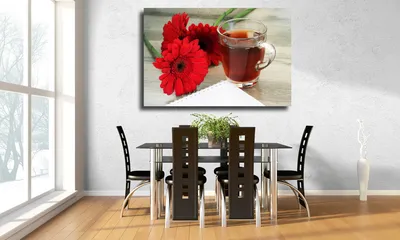 Купить Картина для кухни на холсте "Черный чай с красивыми цветами  гербера", цена  грн —  (ID#1074269158)