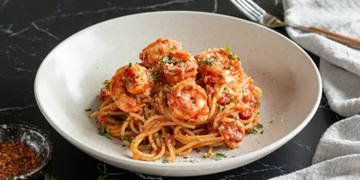 Спагетти с креветками и цукини в сливочно-томатном соусе — рецепт от  ВкусВилл