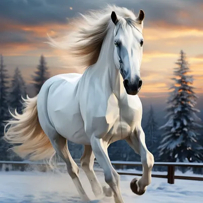 Очаровательная белая лошадь зимой» — создано в Шедевруме
