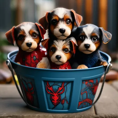 Ведро с 3 маленькими собаками+…» — создано в Шедевруме