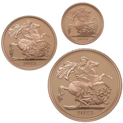 Набор из 3-х золотых монет Великобритании "Соверен " 2023 г.в., (пруф),   г чистого золота (проба 917)
