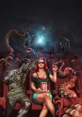 Девушка в кинотеатре окружённая самыми разными монстрами. | Картинка на аву