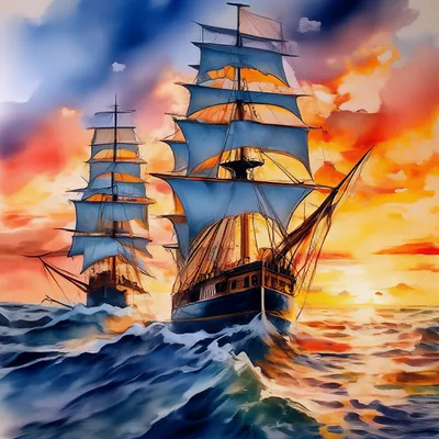 Парусные корабли, море, закат, …» — создано в Шедевруме