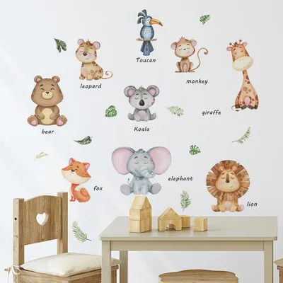 Купить Наклейка на стену с мультяшными животными и английскими словами,  самоклеящиеся обои для украшения детской комнаты, спальни | Joom