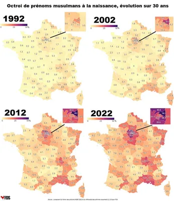 Динамика роста доли новорожденных с мусульманскими именами во Франции с  1992 по 2022 гг.