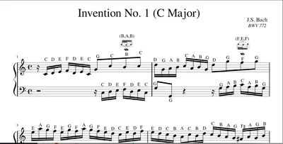 Инвенция Баха № 1 | Ноты с буквами и нотами вместе | Читать фортепианную  музыку сейчас