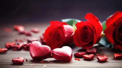 красные розы с сердечками и конфетами на столе, скачать валентинку,  скачать, валентинка фон картинки и Фото для бесплатной загрузки