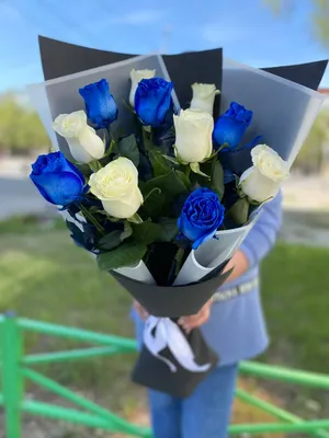 Купить Композицию в голубой коробке с 15 крашеными синими розами в Томске -  доставка цветов МАКИ