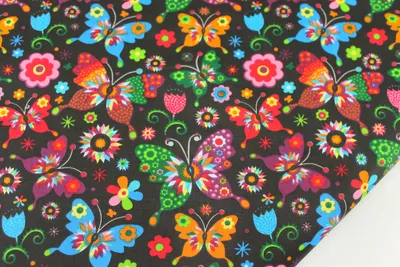 Фотообои Нежные цветочки и бабочки на ткани купить на стену • Эко Обои