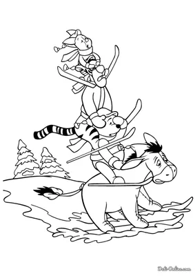 Раскраска Винни Пух и его друзья на лыжах распечатать или скачать