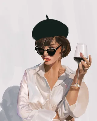 Фото Девушка в берете и солнцезащитных очках, с сигаретой во рту, держит в  руке бокал с вином, автор JungBae Lee