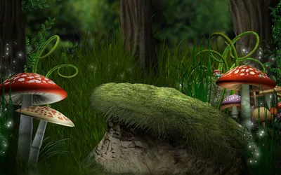 Картинка сказочный лес, кочка, грибы мухоморы, побеги, трава, искры, тайна  2560x1600 скачать обои на рабочий стол бесплатно, фото 190998