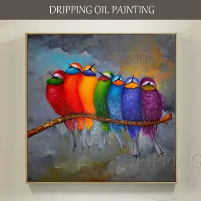 Смешной дизайн красочные 7 птиц оставаться на ветке картина маслом на  холсте смешная абстрактная картина Картина маслом c изображением птиц для  украшения гостиной | AliExpress