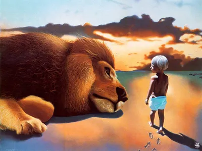 Рыжая девушка с горящей рукой рядом со львом — Авы и картинки
