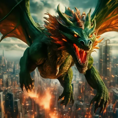 Огромный, страшный зеленый дракон с …» — создано в Шедевруме
