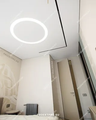 Световое кольцо и трек на натяжном потолке в спальне