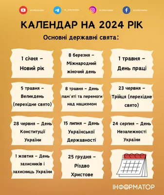 Новий календар державних та релігійних свят на 2024 рік - Інформатор Коломия