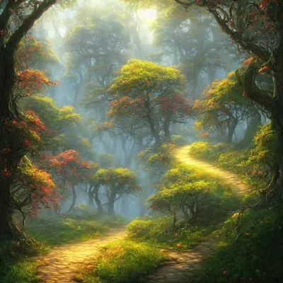 Сказочный таинственный лес волшебных деревьев лучи солнца пробиваются  сквозь листву и ветви деревьев путь через чащу леса 3d иллюстрация |  Премиум Фото
