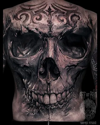 Татуировка мужская реализм на спине череп - мастер Слава Tech Lunatic 6334  | Art of Pain