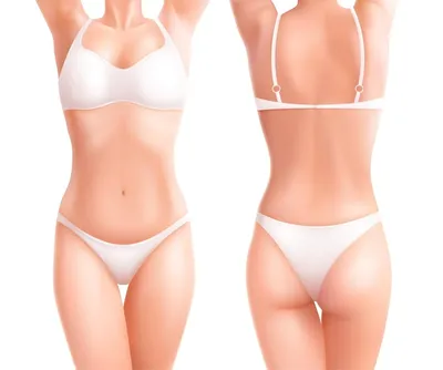 Комплект женского женского тела с реалистичными видами спереди и сзади на тело  девушки в белом нижнем белье, векторная иллюстрация | Премиум векторы