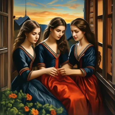 Три девицы под окном... - Русская лаковая миниатюра