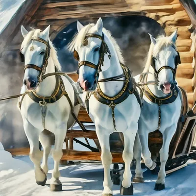 Акварель, тройка белых коней с …» — создано в Шедевруме