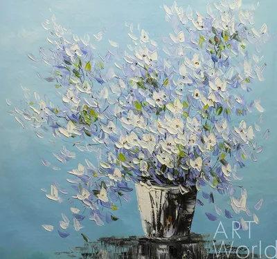 Абстракция маслом "Белые цветы на голубом фоне" 100x100 CV191201 купить в  Москве