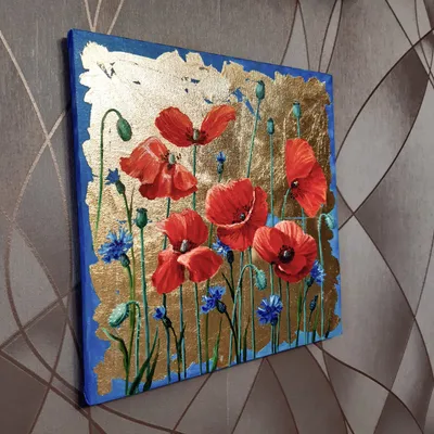 Полевые цветы Красные маки и васильки Картина маслом на холсте 40х40 от  Марины Изотовой • современные художники