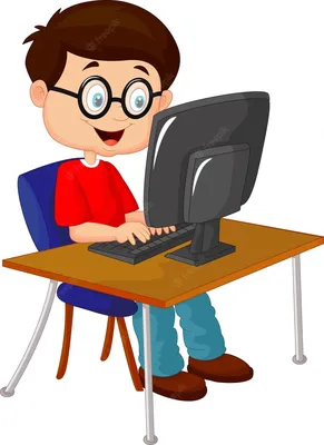 Симпатичный мальчик сидит за компьютером и делает домашнее задание.  концепция образования детей. векторная иллюстрация | Премиум векторы