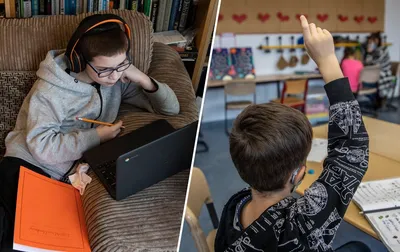 Улыбающийся ученик сидит за стопкой книг с ноутбуком показывает ОК рука  петь. Образование детей. стоковое фото ©zamuruev 507854084