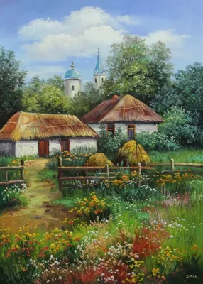 Картина маслом "Украинский пейзаж с хатами" — В интерьер
