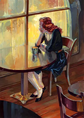 Фото Девушка сидит за столиком в кафе, art by KaiCarpenter