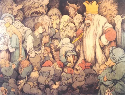 Иллюстрация Пер Гюнт.В пещере горного короля в стиле книжная