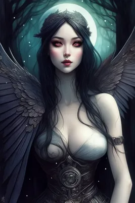 dreary-wren426: beautiful dark angle, dark wings, beautiful eyes, gothic  style, forest sence, moon sence, magic witchcraft, glitter, magic potion  around, Fantasy, digital art, Fantasy, glitter, dreamy, dramatic.